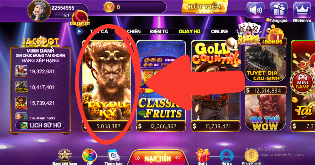 Chọn game Tây Du Ký trong mục Quay Hũ của 68 Game bài.