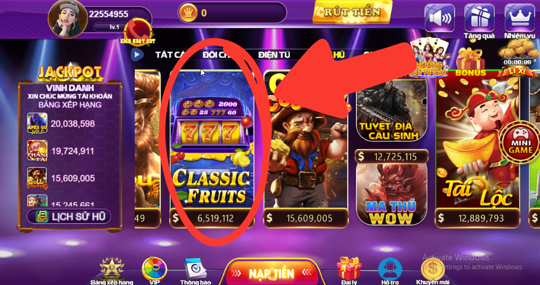 Chọn Classic Fruits trong mục Quay Hũ của 68 Game Bài.